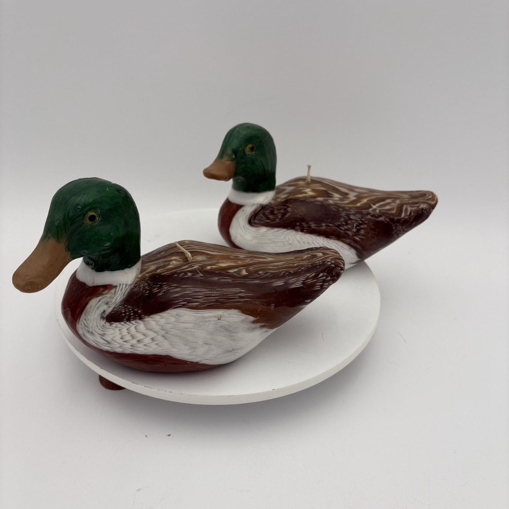 Pair Of‎ Handmade Brown/Green Mallard Duck Candles With Wick Vintage